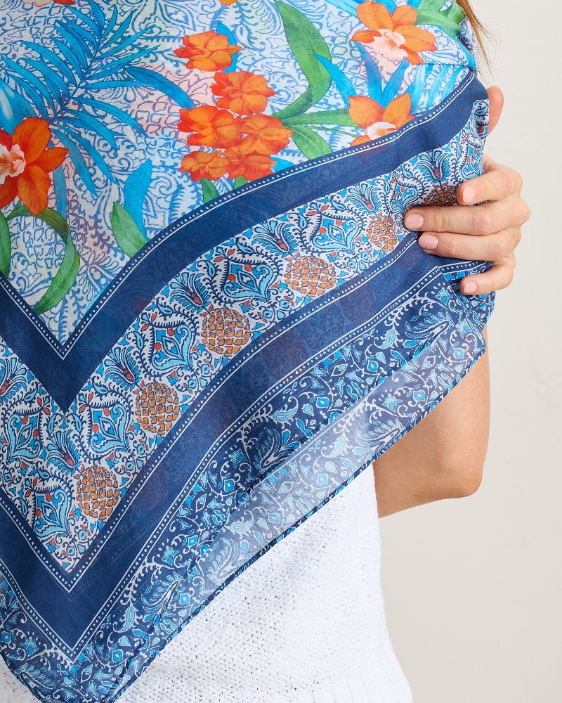 Tropical Patchwork Square Silk-Blend Scarf - Sea Blue