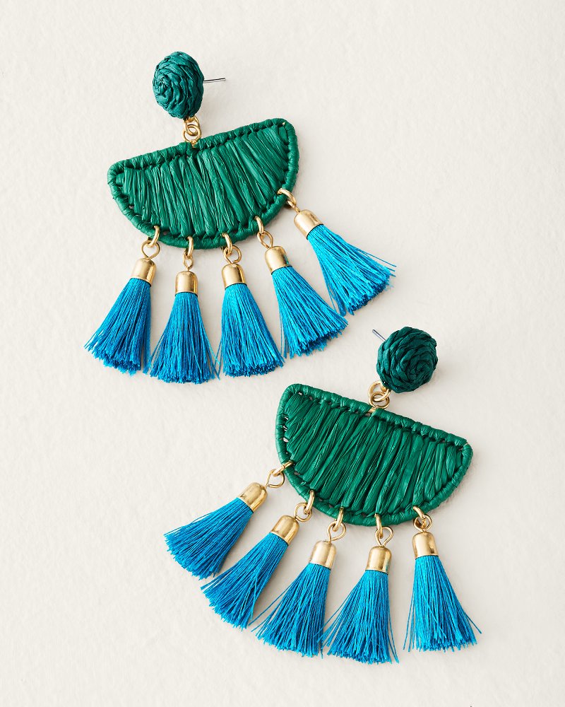 Vida Bahama Raffia Half-Moon Tassel Earrings - Green