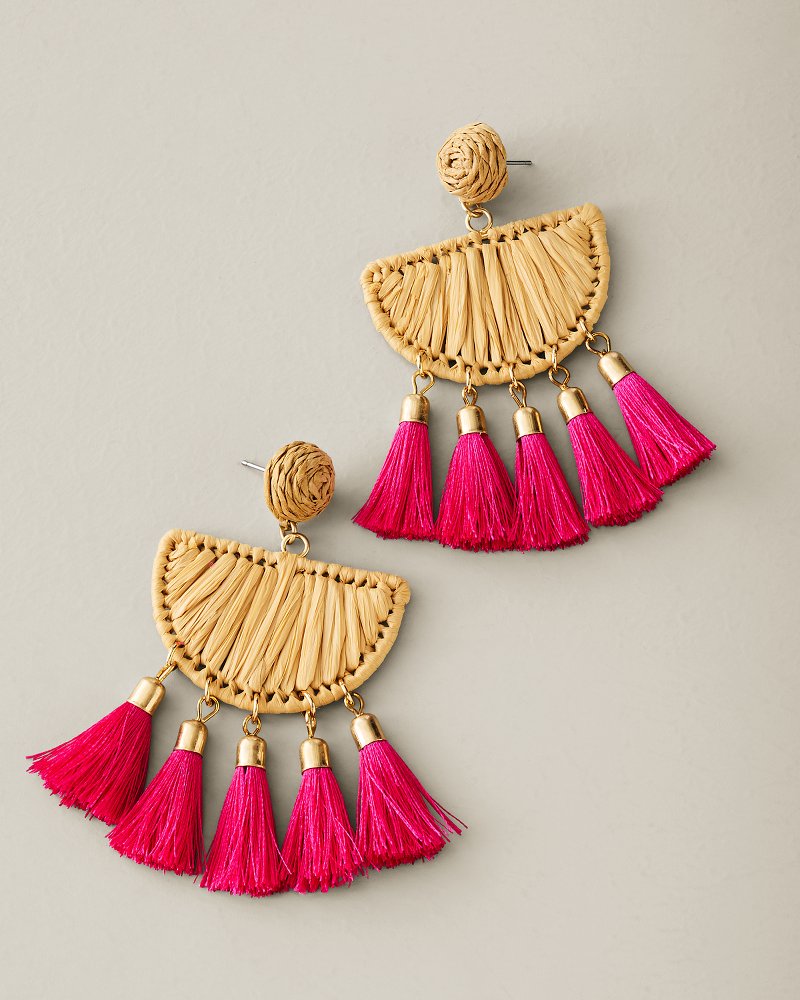 Vida Bahama Raffia Half-Moon Tassel Earrings - Fuschia