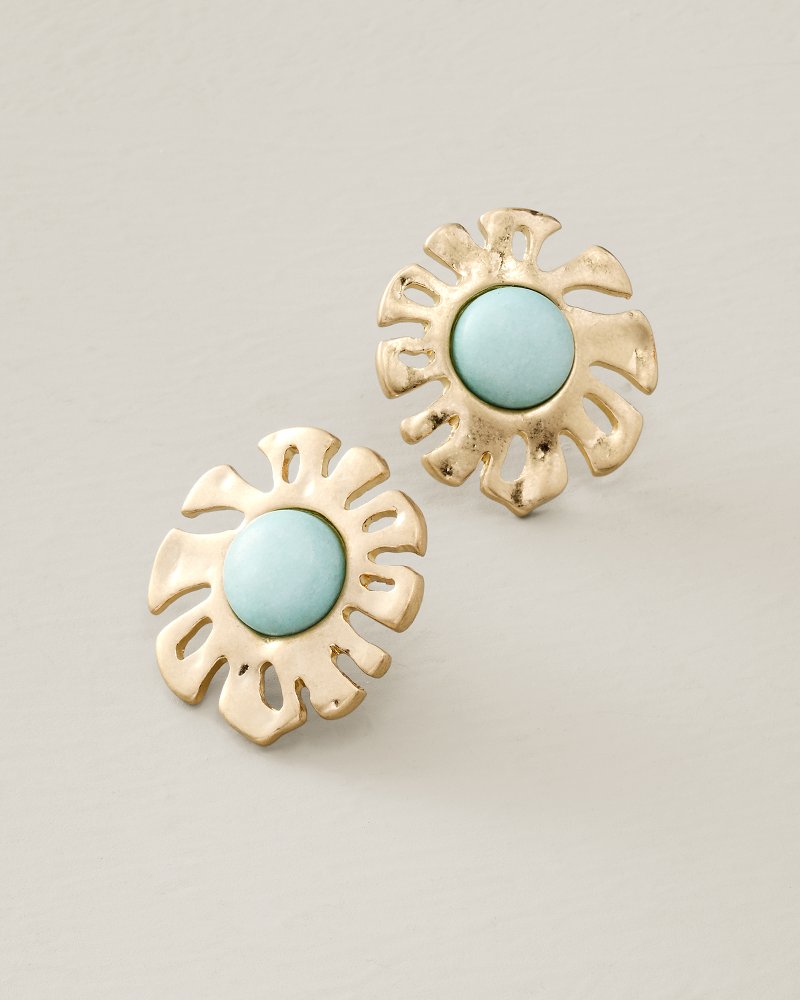Coastal Fronds Jade Monstera Statement Earrings - Gold