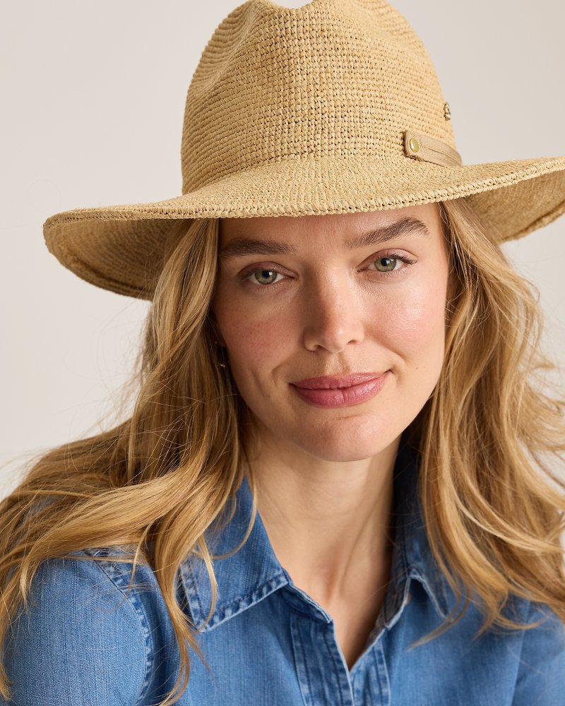 Elise Crochet Raffia Packable Hat - Natural