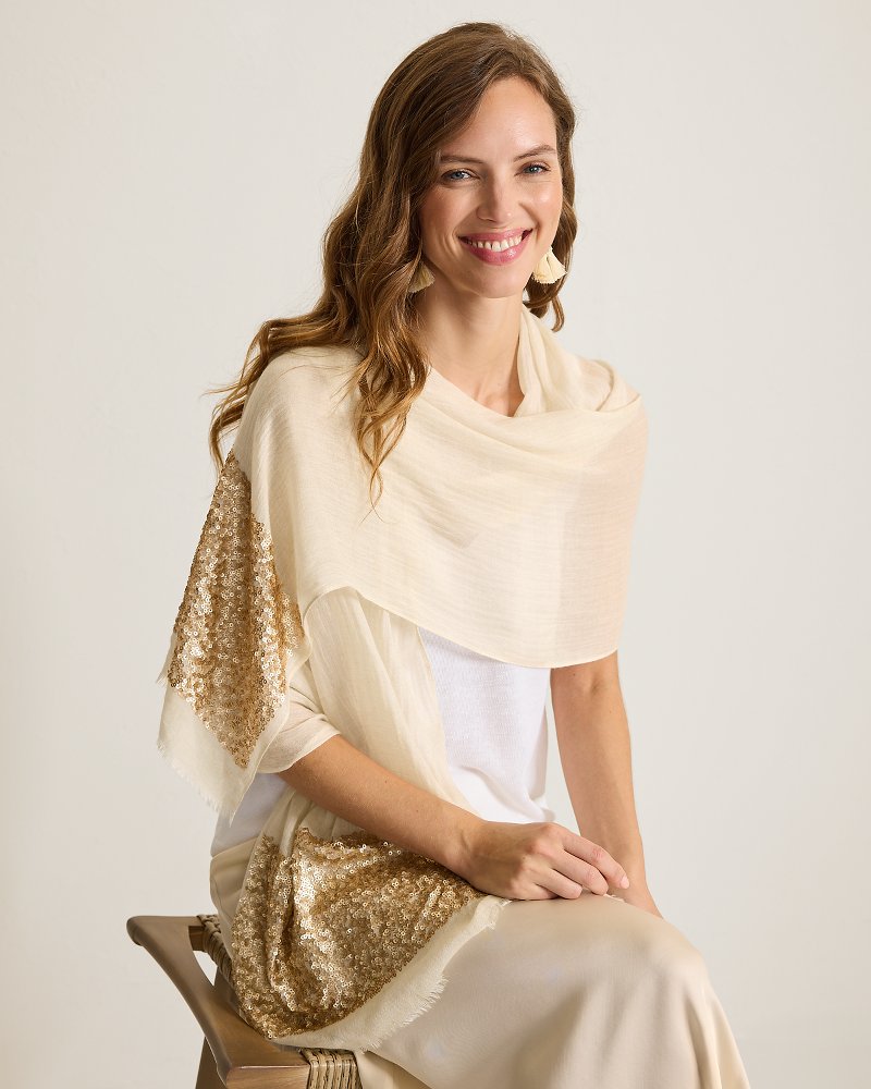 Sequin Border Wrap Scarf - Cream