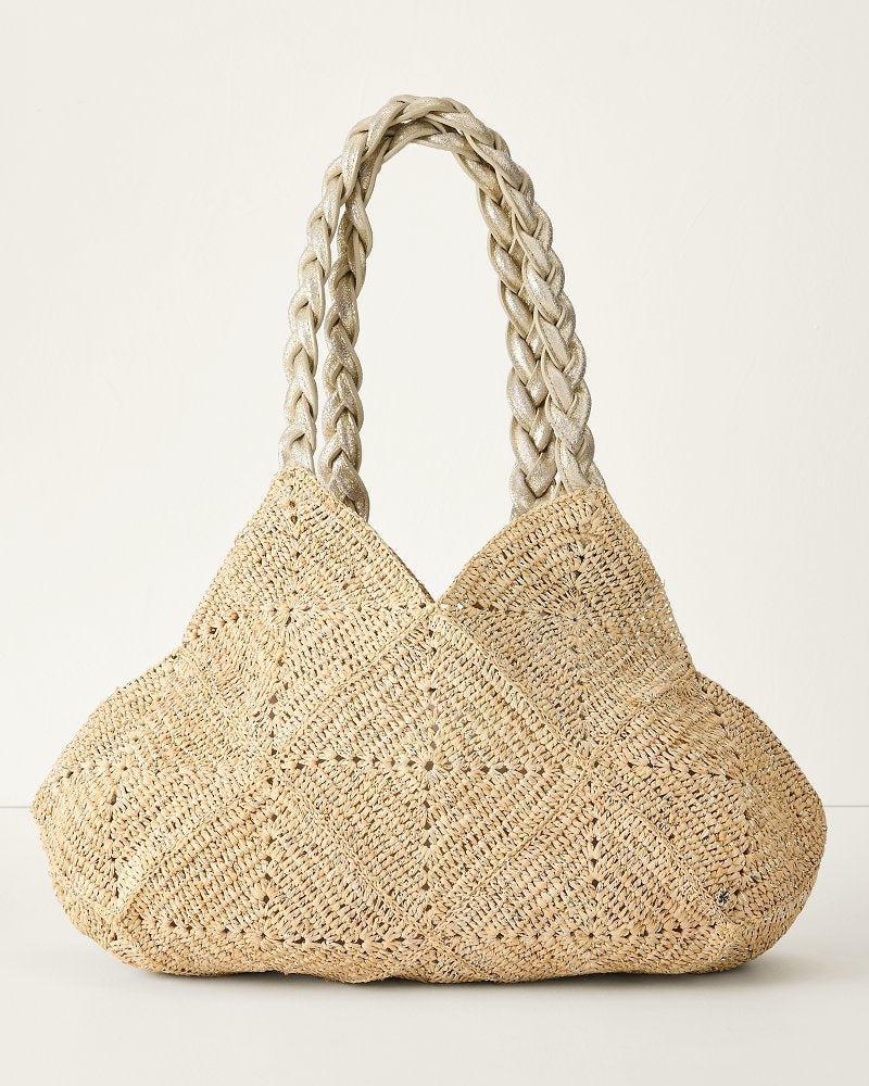 Foggia Lux Crochet Raffia Tote - Natural/Silver