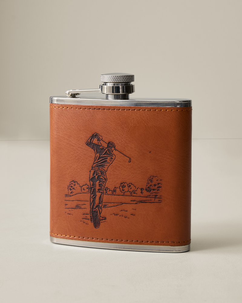 Embossed Leather Golf Flask - Brown