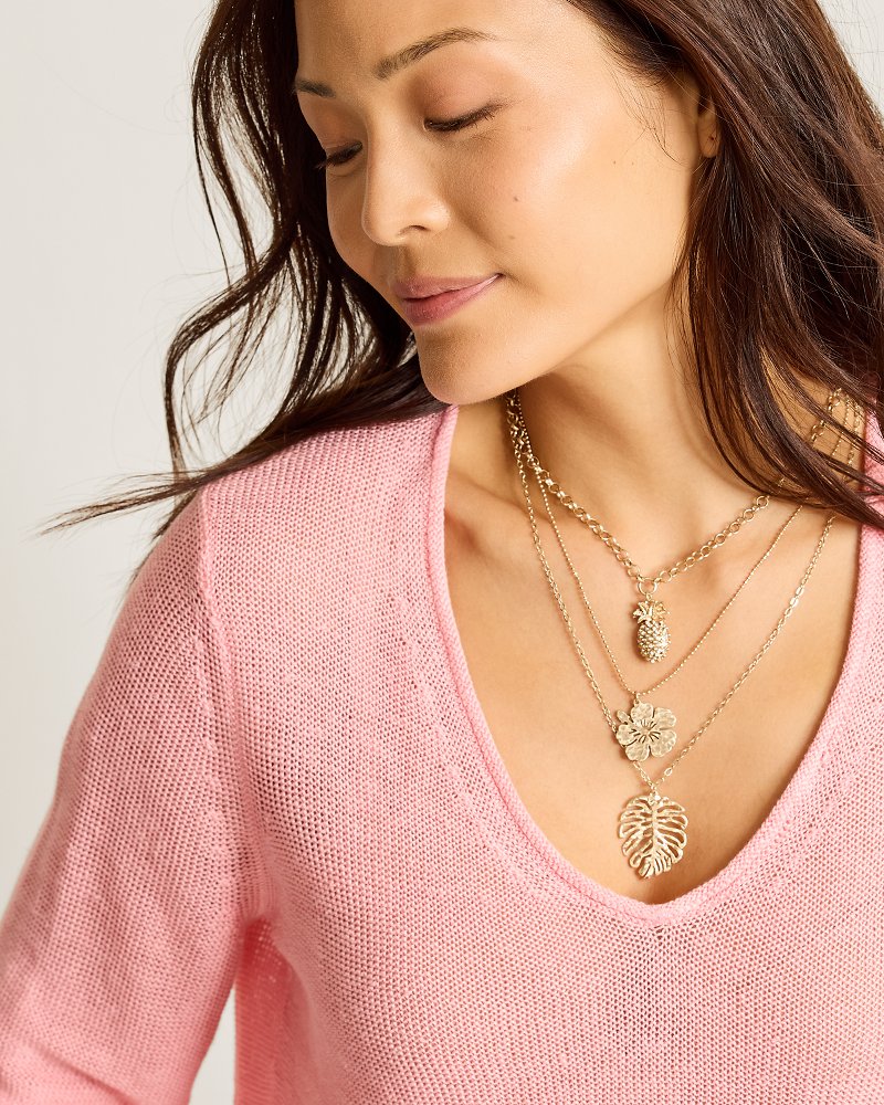 Hibiscus Charm Multi-Row Layered Charm Necklace - Gold