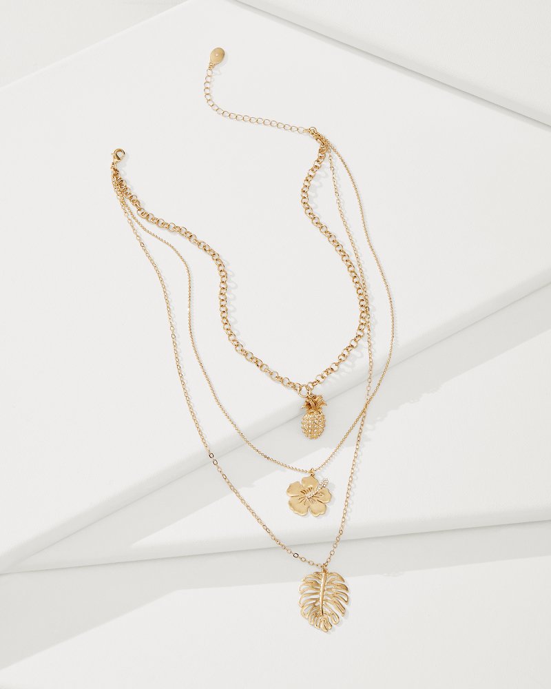 Hibiscus Charm Multi-Row Layered Charm Necklace - Gold