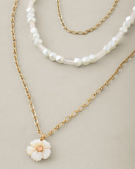 Celestial Sea Mother of Pearl Flower Layered Necklace - Gold