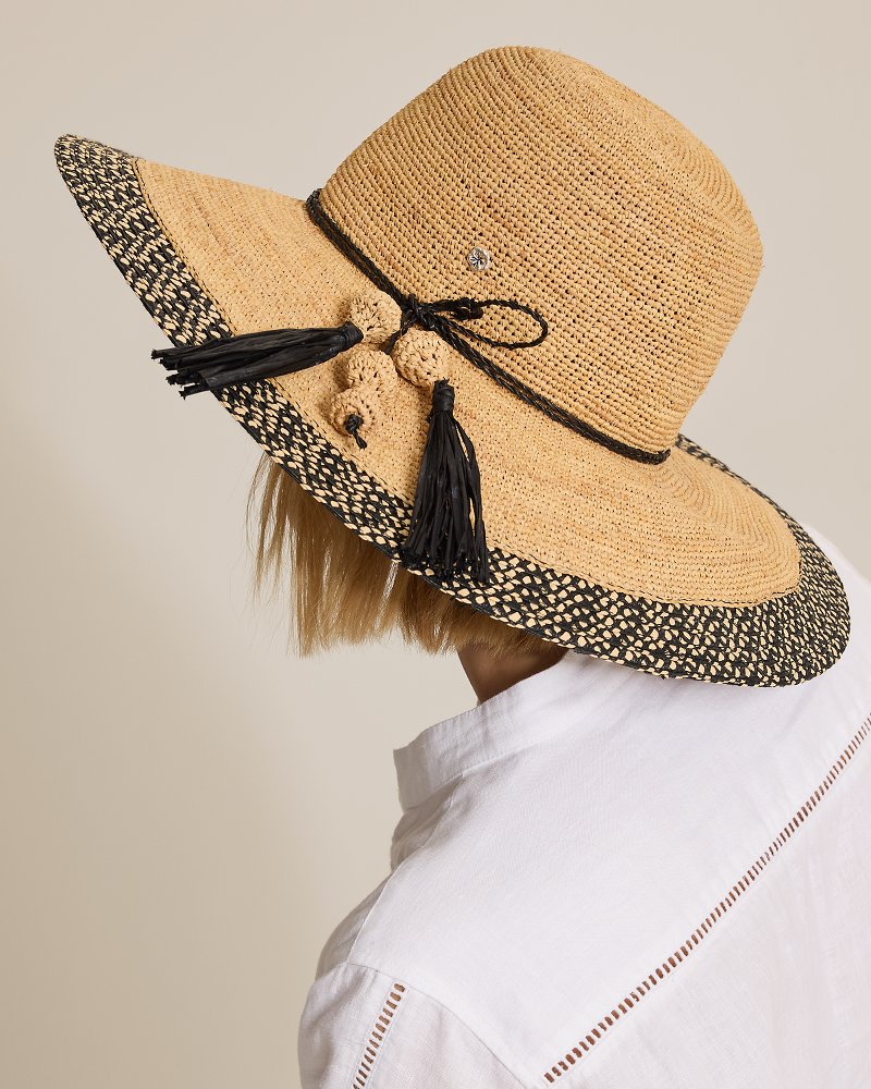 Sarah Crochet Raffia Packable Sun Hat - Natural/Black