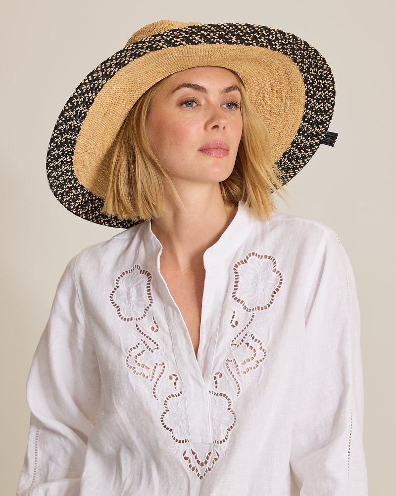 Sarah Crochet Raffia Packable Sun Hat - Natural/Black