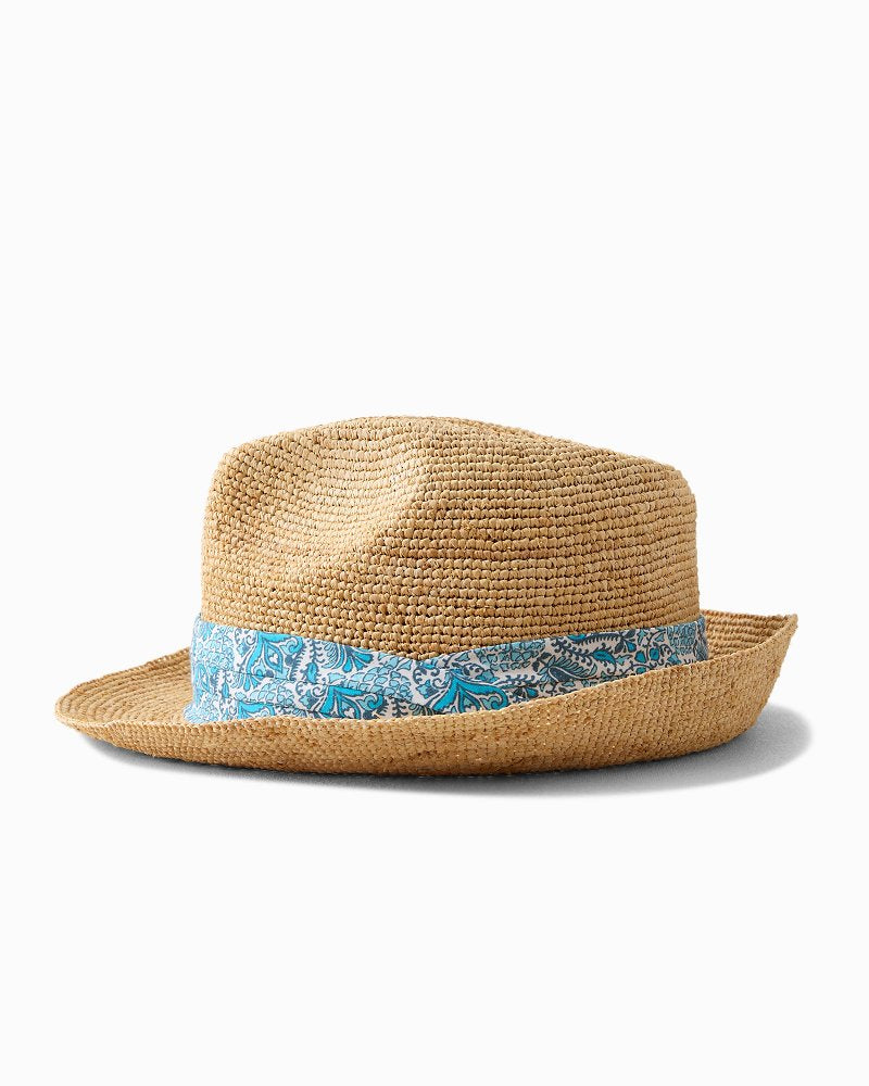 Paisley Band Crochet Raffia Fedora Hat - Natural