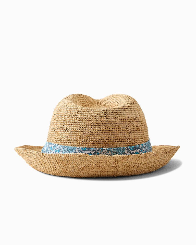 Paisley Band Crochet Raffia Fedora Hat - Natural