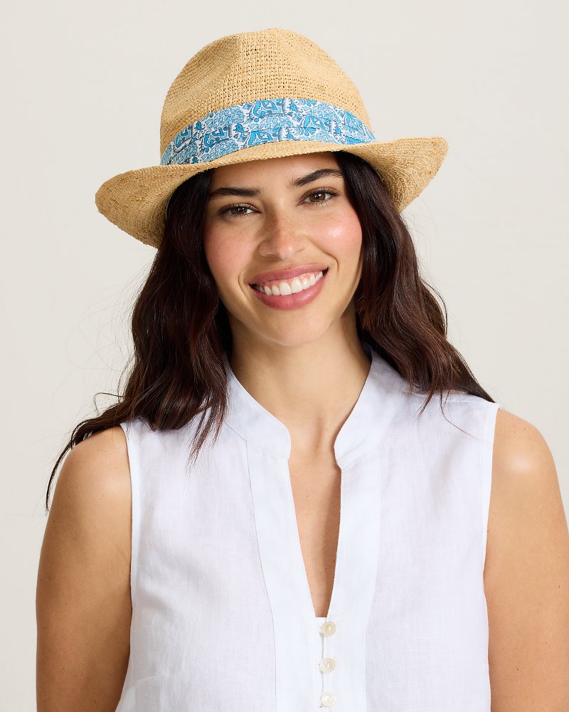 Paisley Band Crochet Raffia Fedora Hat - Natural