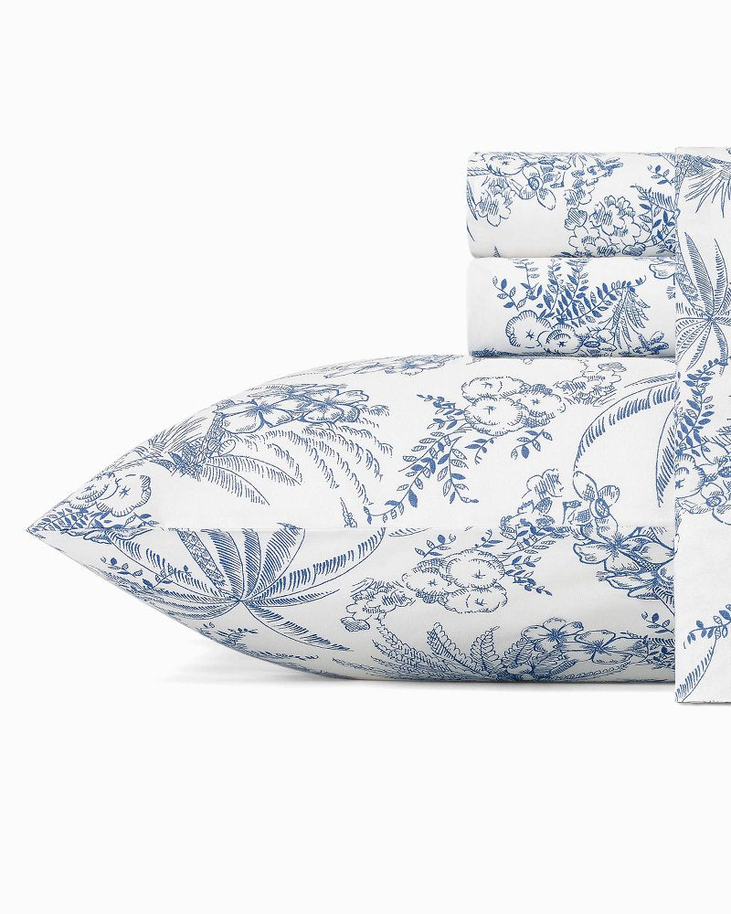 Pen &amp; Ink Palm 4-Piece Queen Sheet Set - Blue