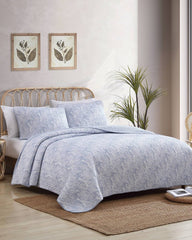 Water Leaves 3-Piece King Quilt Set - Blue