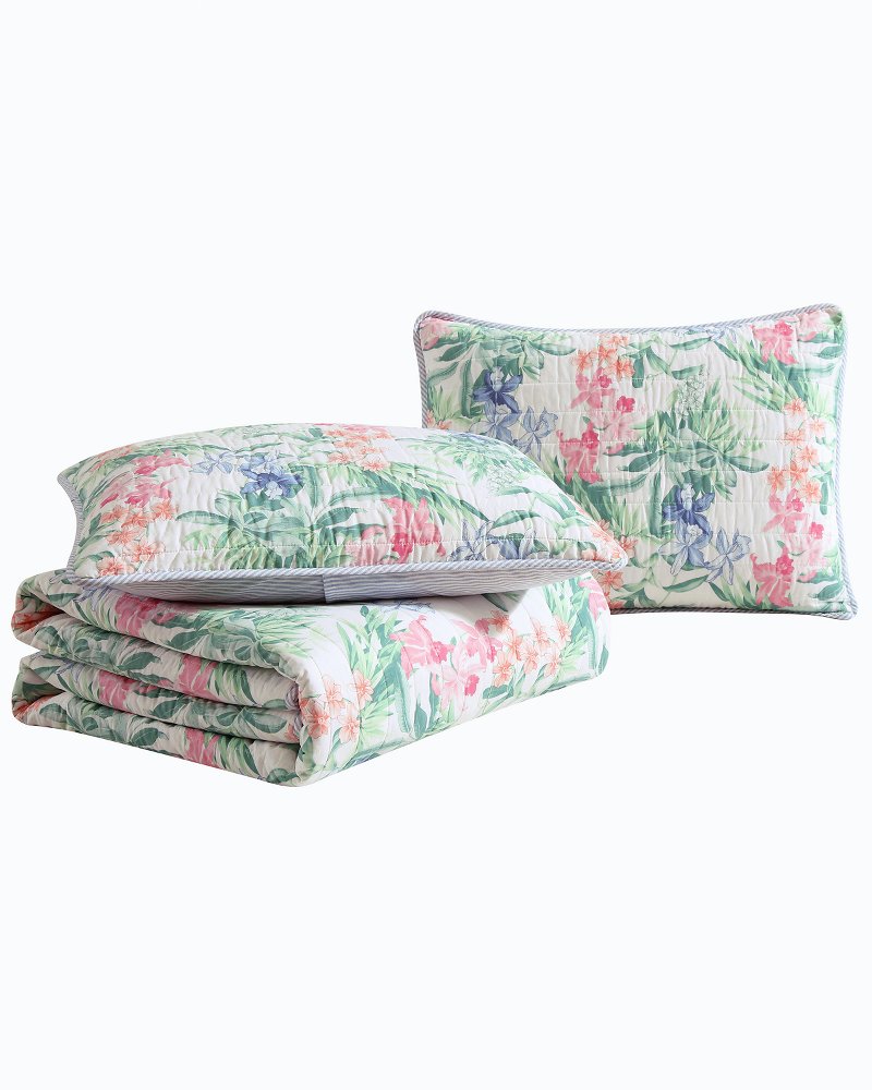 Island Orchid Reversible 3-Piece Full/Queen Quilt Set - White