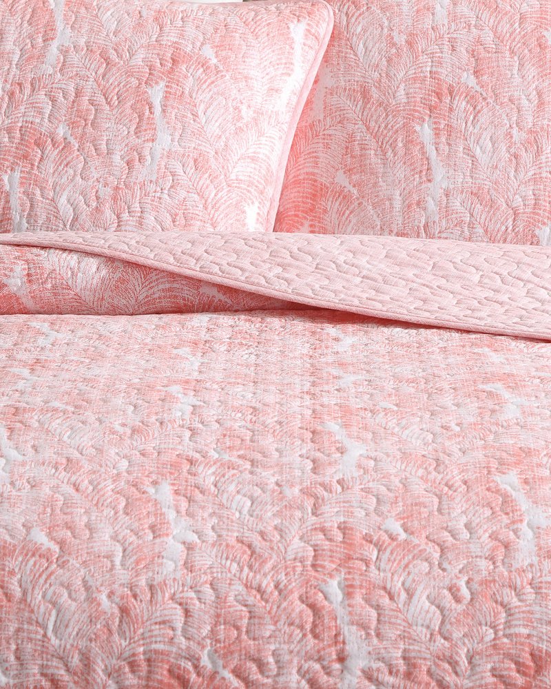 Distressed Water Leaves Reversible 3-Piece King Quilt Set - Bright Coral