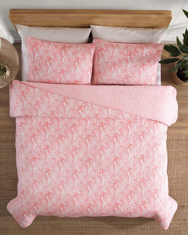 Distressed Water Leaves Reversible 3-Piece King Quilt Set - Bright Coral