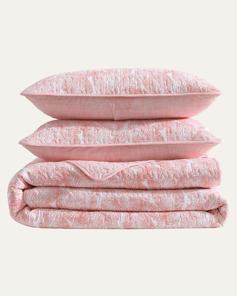 Distressed Water Leaves Reversible 3-Piece King Quilt Set - Bright Coral
