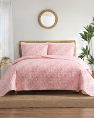 Distressed Water Leaves Reversible 3-Piece King Quilt Set - Bright Coral