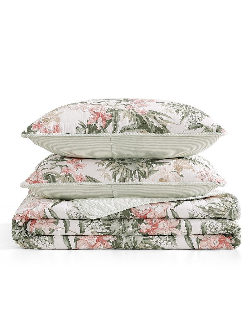 Island Orchid Reversible 3-Piece Full/Queen Quilt Set - Coral Pink/Cream