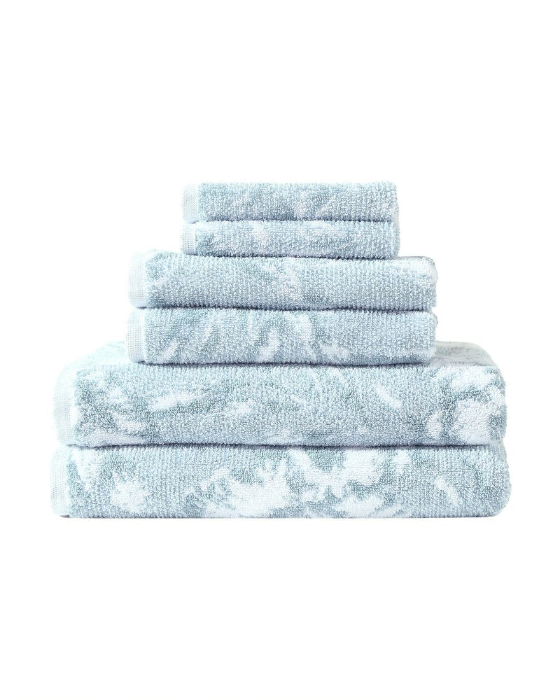 Shadow Hibiscus 6-Piece Bath Towel Set - Tidal Wave/White