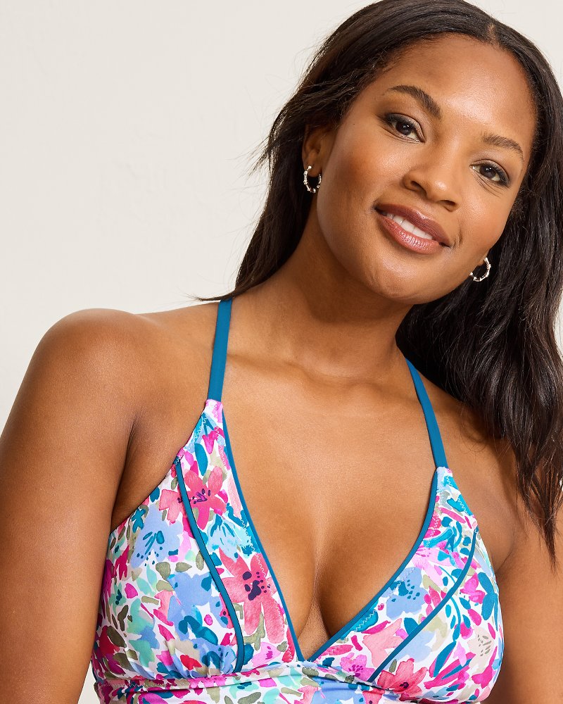 Watercolor Floral Reversible Halter Tankini Top - Dusty Lupine Rev