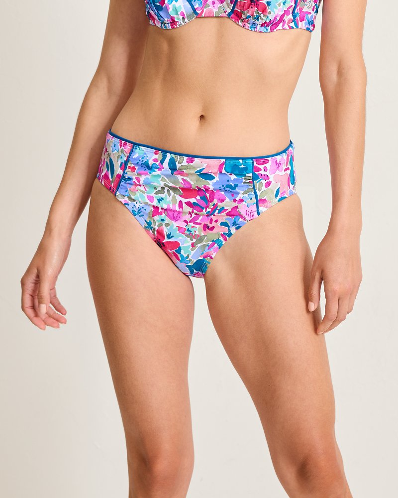 Watercolor Floral Shirred High-Waist Bikini Bottoms - Dusty Lupine