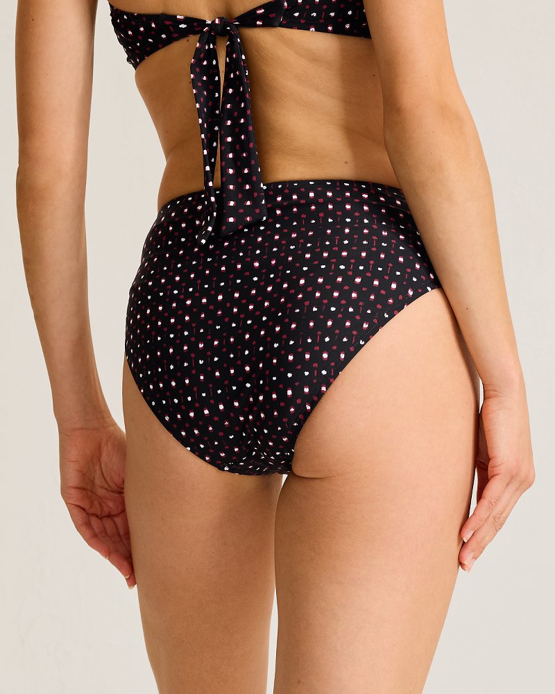Sunset Blooms Pleated High-Waist Bikini Bottoms - Black