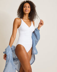 Pearl Cross-Front V-Neck One-Piece Swimsuit - White