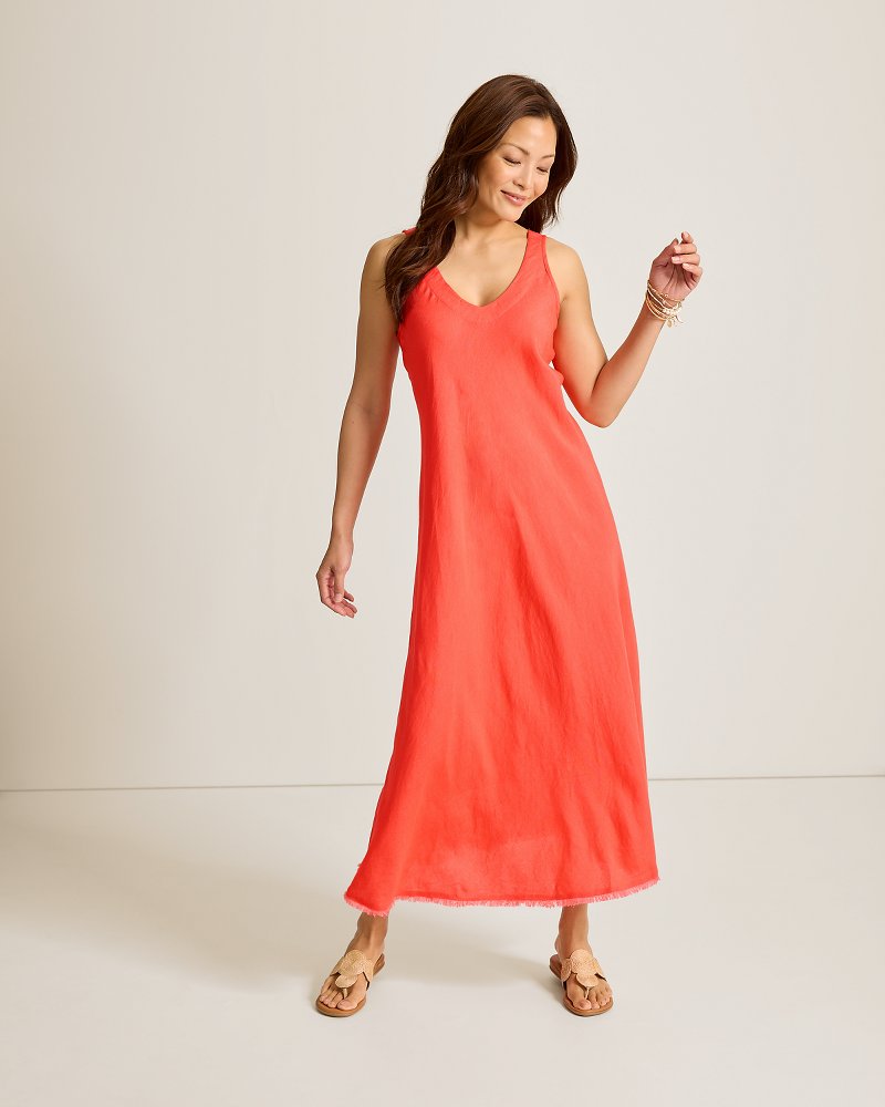 St. Lucia Linen-Blend Bias-Cut Coverup Dress - Citrus Coral