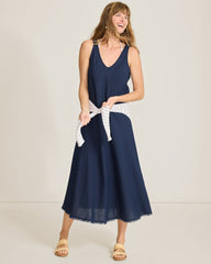 St. Lucia Linen-Blend Bias-Cut Coverup Dress - Mare Navy