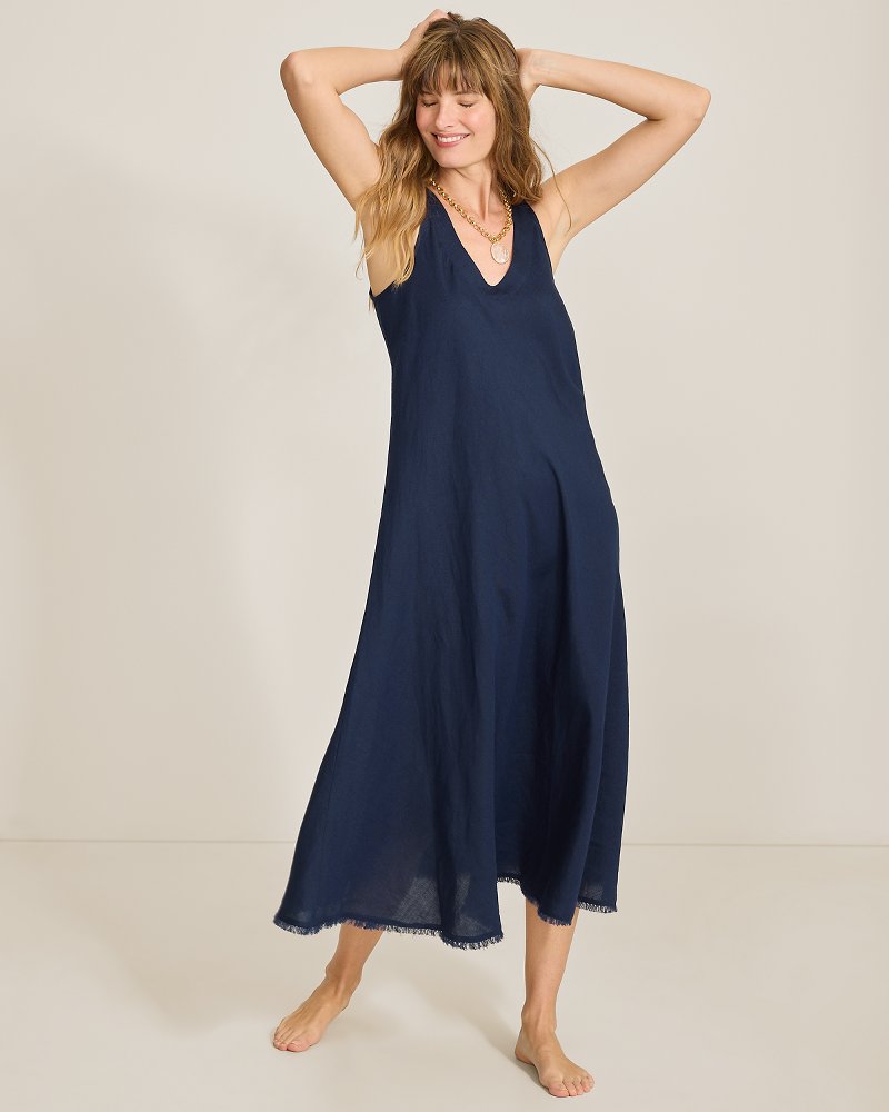 St. Lucia Linen-Blend Bias-Cut Coverup Dress - Mare Navy