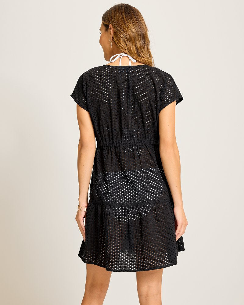 Eyelet Cotton V-Neck Coverup Dress - Black