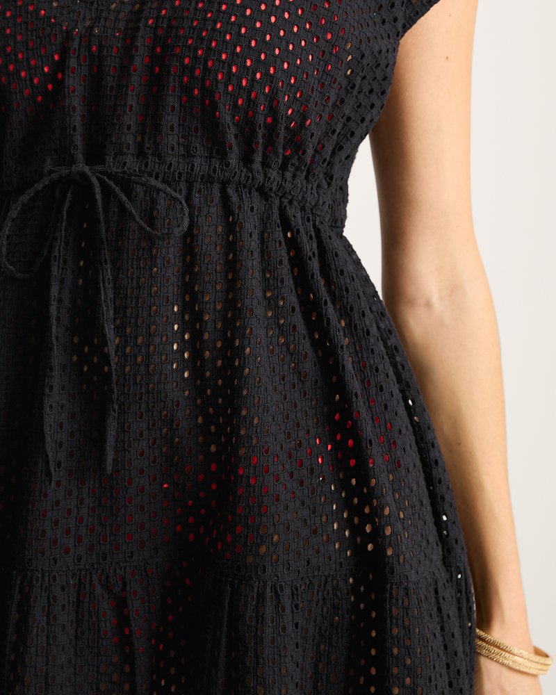 Eyelet Cotton V-Neck Coverup Dress - Black
