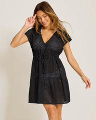 Eyelet Cotton V-Neck Coverup Dress - Black
