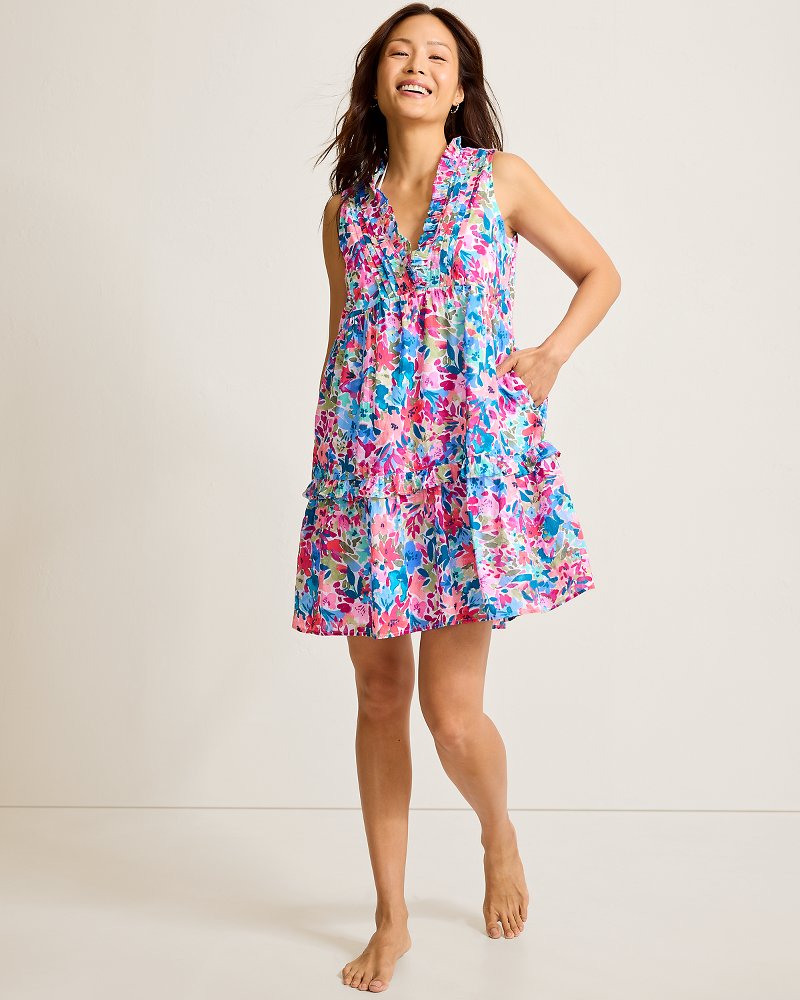 Catalina Coast Watercolor Floral Tiered Coverup Dress - Dusty Lupine
