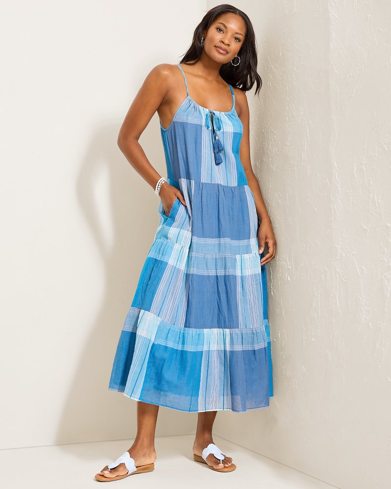 Plaid Tiered Midi Coverup Dress - Chambray
