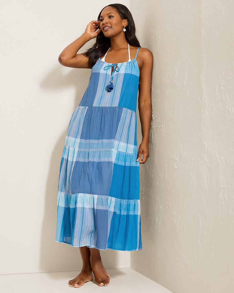 Plaid Tiered Midi Coverup Dress - Chambray