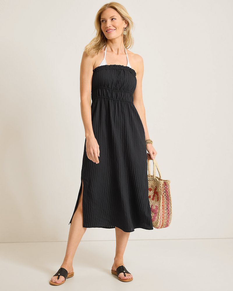 Woven Stripe Strapless Midi Coverup Dress - Black