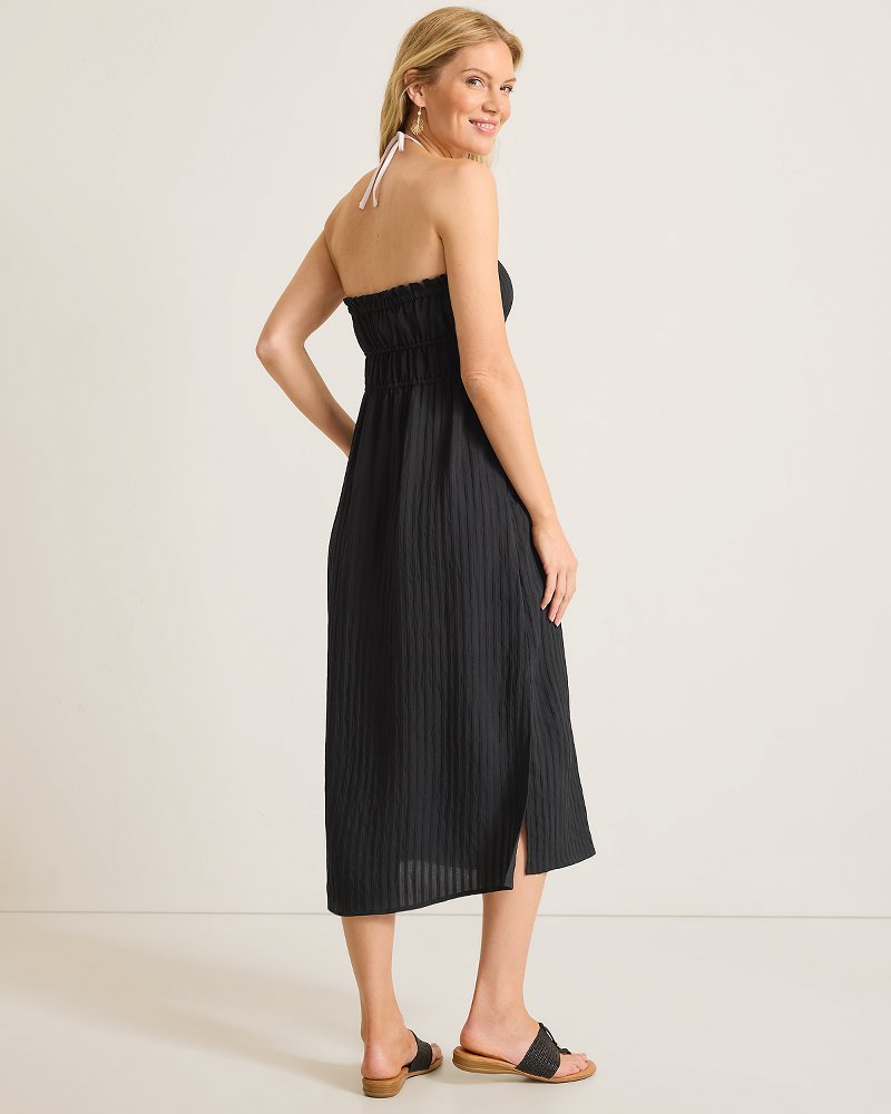 Woven Stripe Strapless Midi Coverup Dress - Black