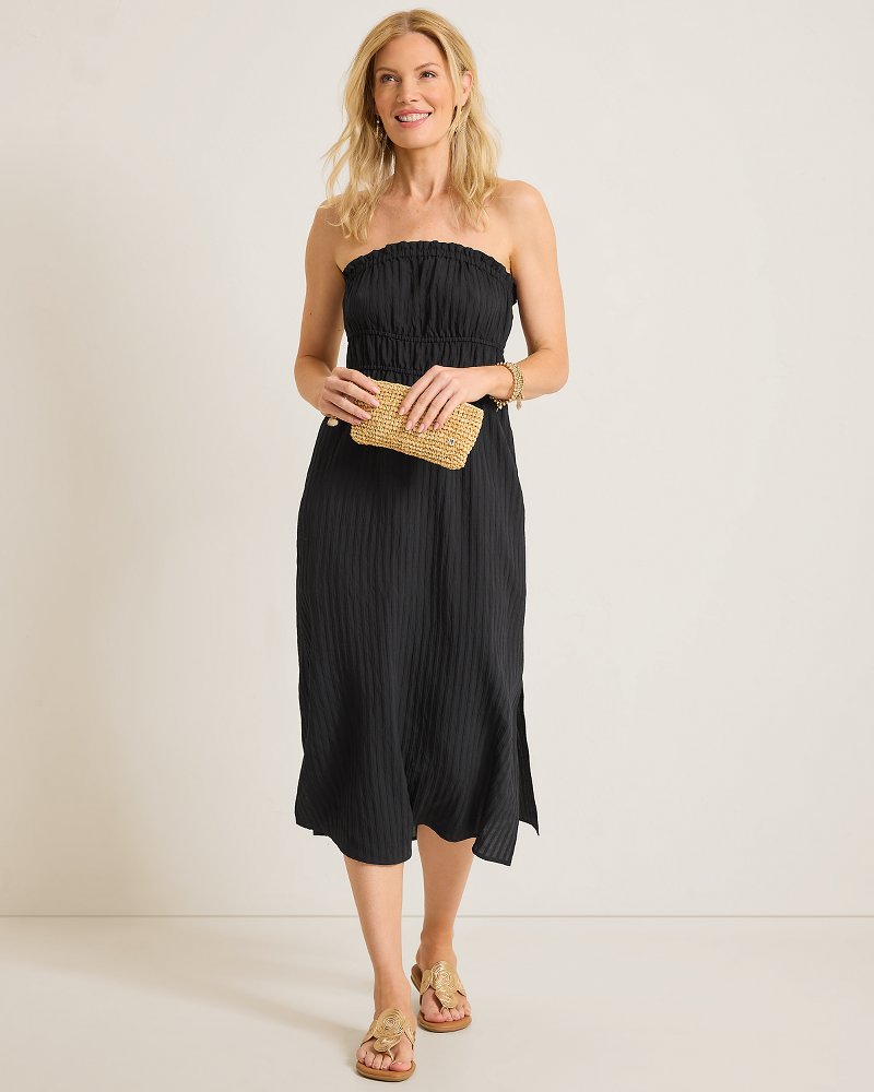 Woven Stripe Strapless Midi Coverup Dress - Black