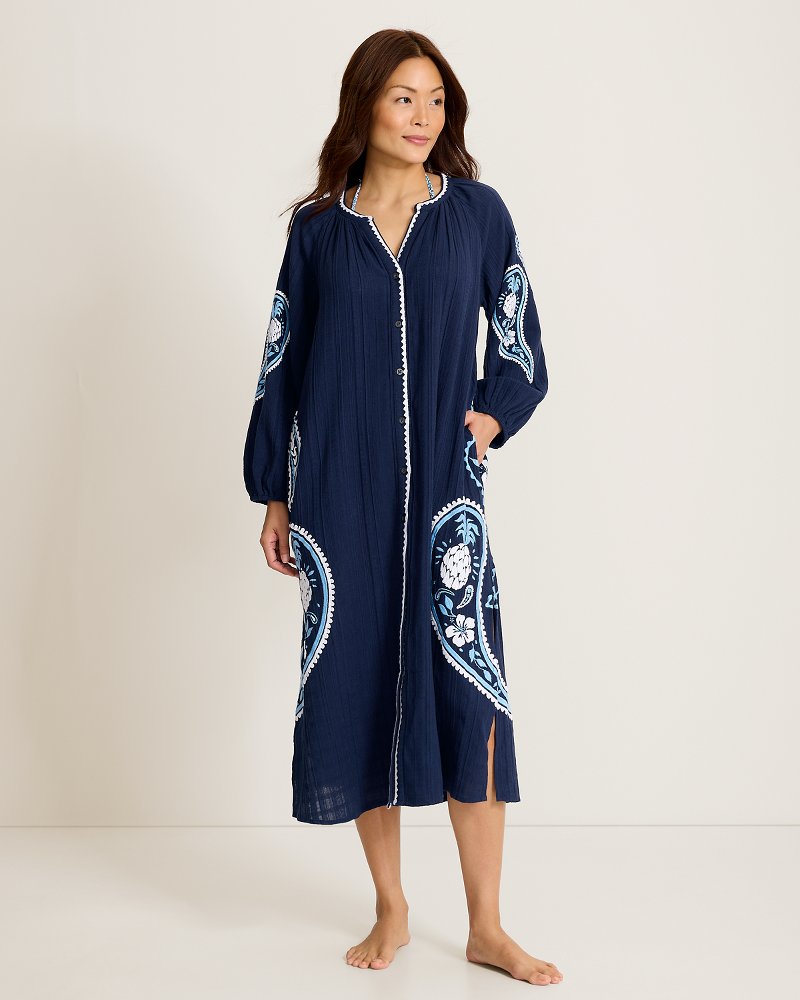 Mykonos Gauze Embroidered Beach Duster - Mare Navy