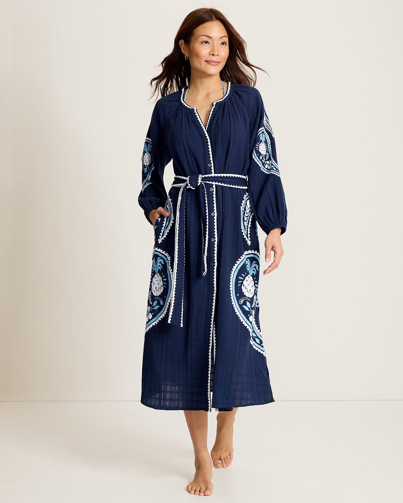 Mykonos Gauze Embroidered Beach Duster - Mare Navy