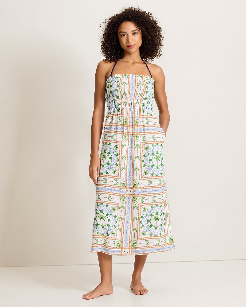 Poolside Palms Strapless Midi Coverup Dress - White