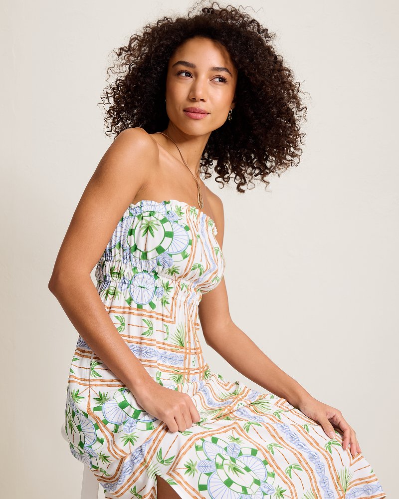 Poolside Palms Strapless Midi Coverup Dress - White