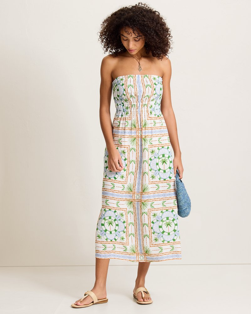 Poolside Palms Strapless Midi Coverup Dress - White
