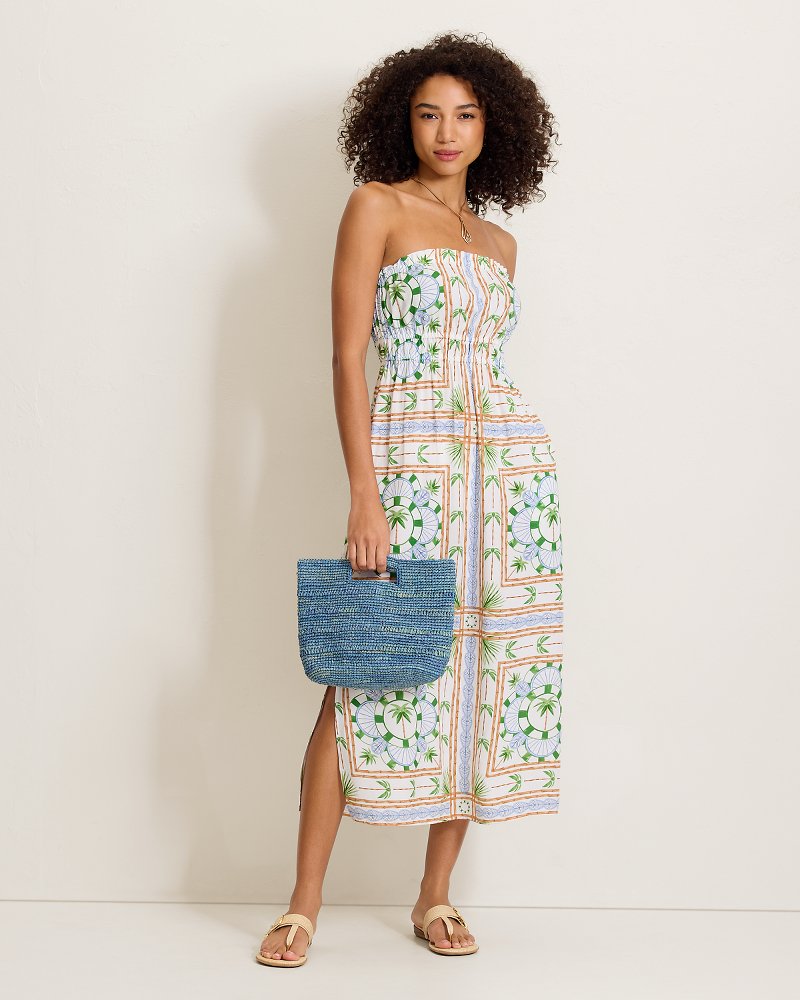 Poolside Palms Strapless Midi Coverup Dress - White