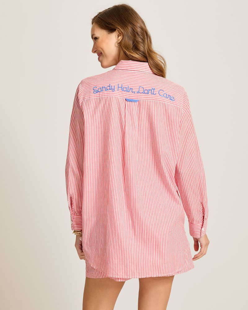 Sandy Hair, Don't Care Boyfriend Beach Shirt - Citrus Coral