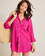 Palm Bay Cotton Boyfriend Beach Shirt - Hibiscus Pop