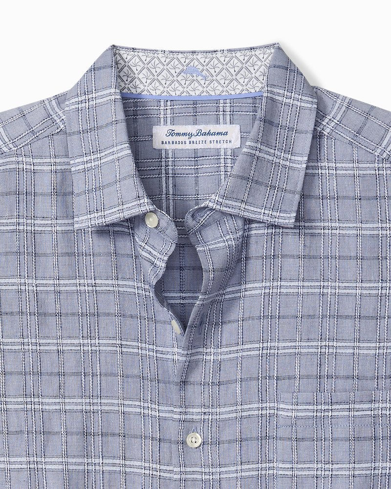 Barbados Breeze Playa Plaid Stretch-Linen Shirt - Raincloud